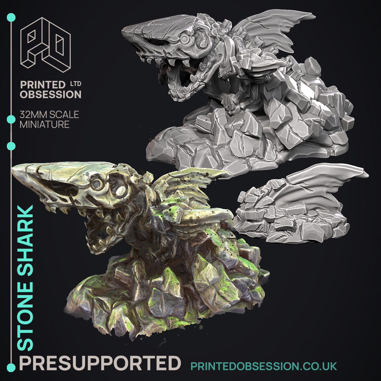 Stone Shark - Elemental Creature - PRESUPPORTED - Illustrated and Stats - 32mm scale